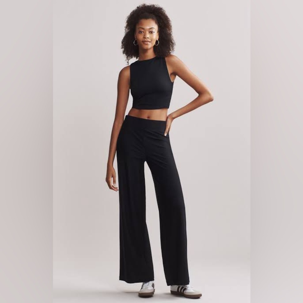 RHONE Ripple Wide Leg Ribbed Full Length Sweatpants Pants in Black Size Large